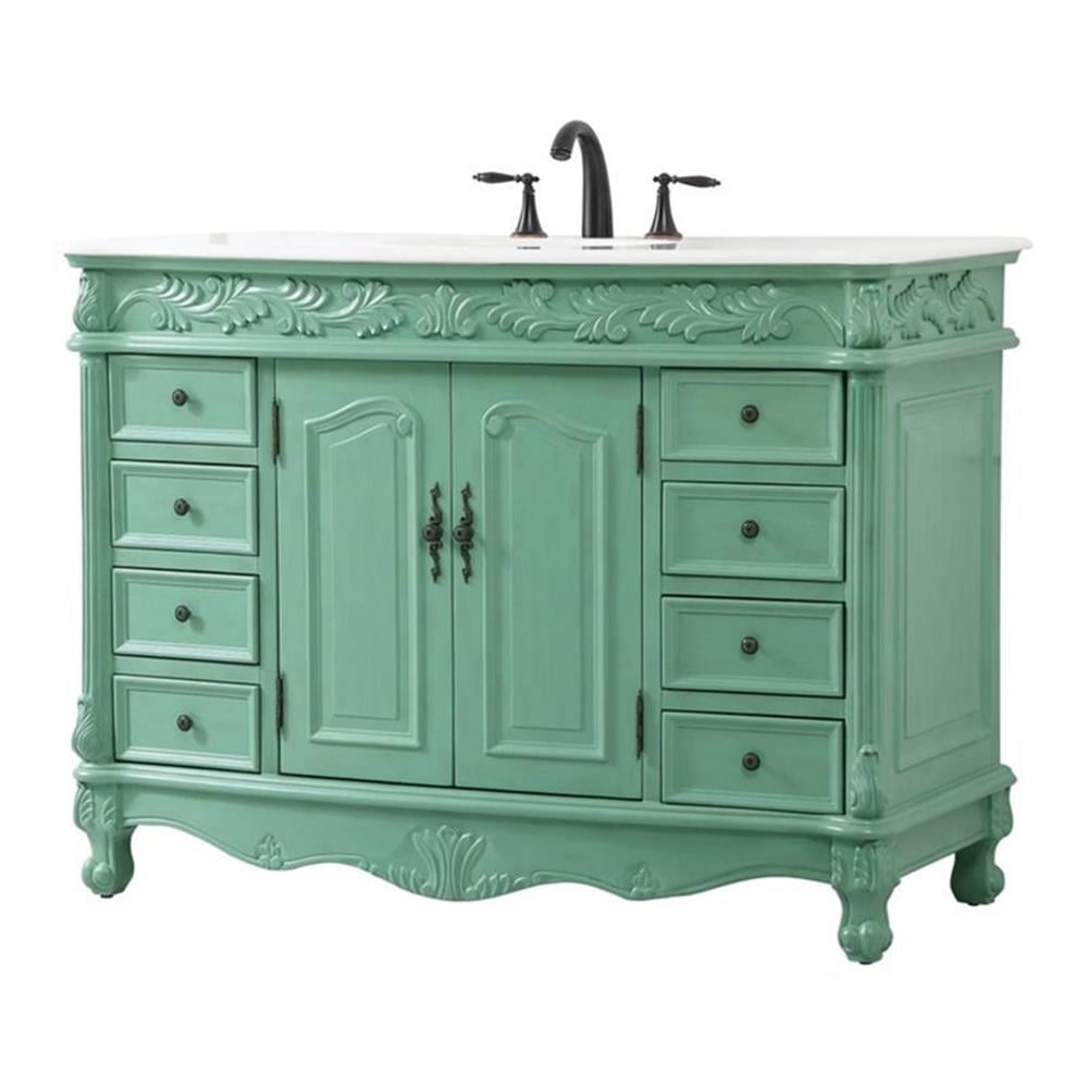 Vintage Mint Solid Wood and MDF Single Bathroom Vanity with Marble Top