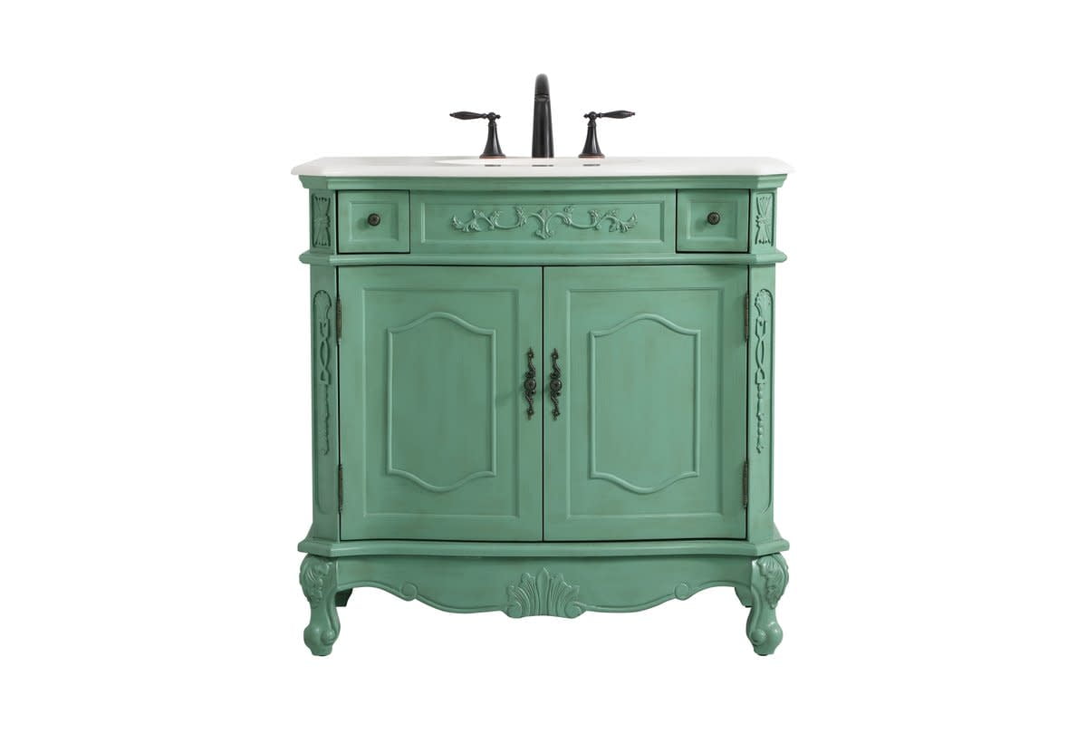 Vintage Mint Solid Wood Single Bathroom Vanity with Marble Countertop