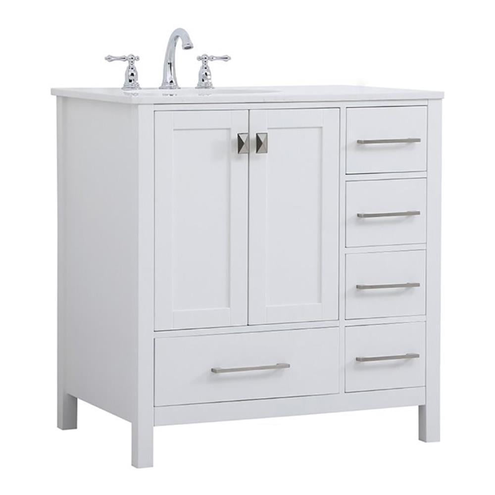 White Solid Wood and Stone Single Bathroom Vanity with 5 Drawers