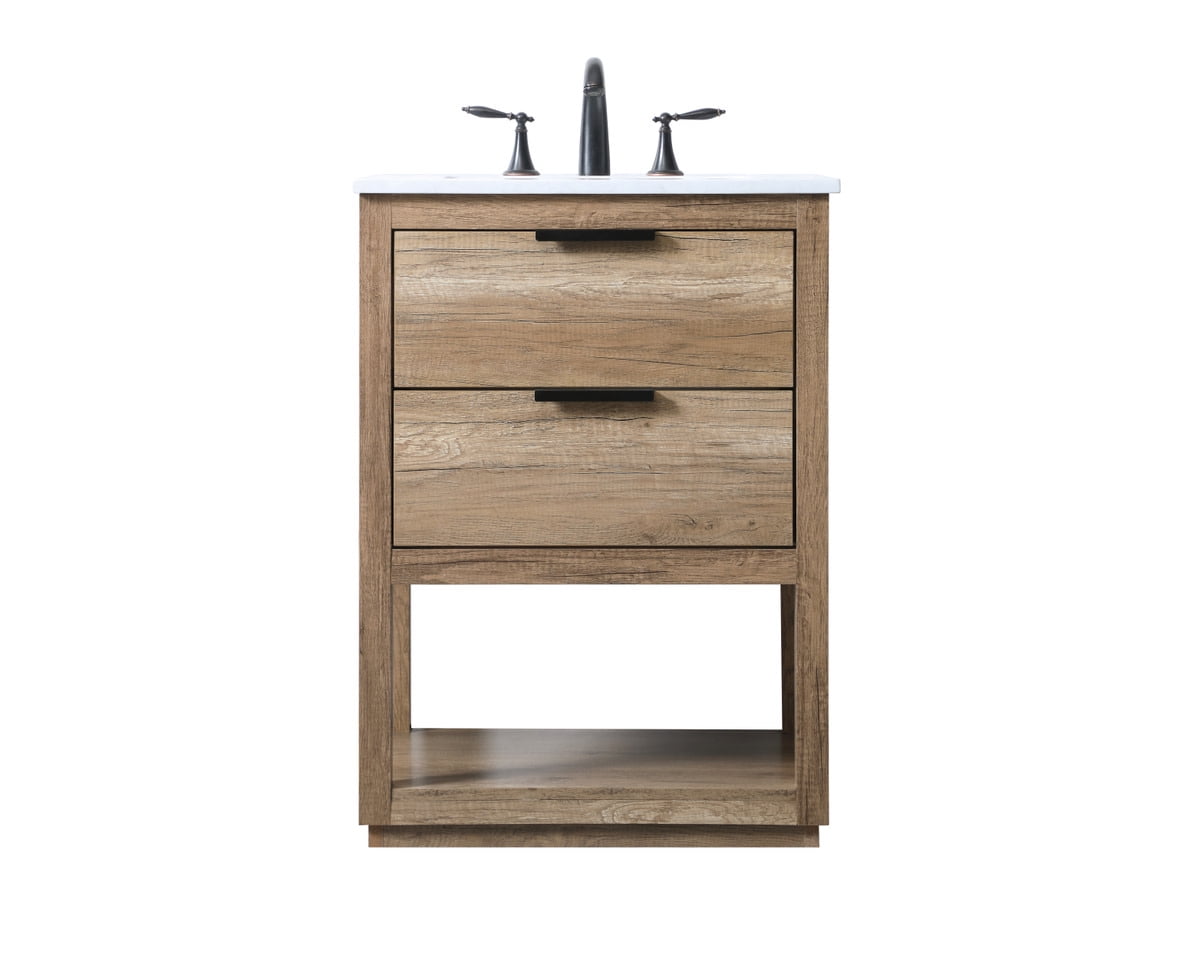 Natural Oak Freestanding Bathroom Vanity with Marble Top and Porcelain Sink