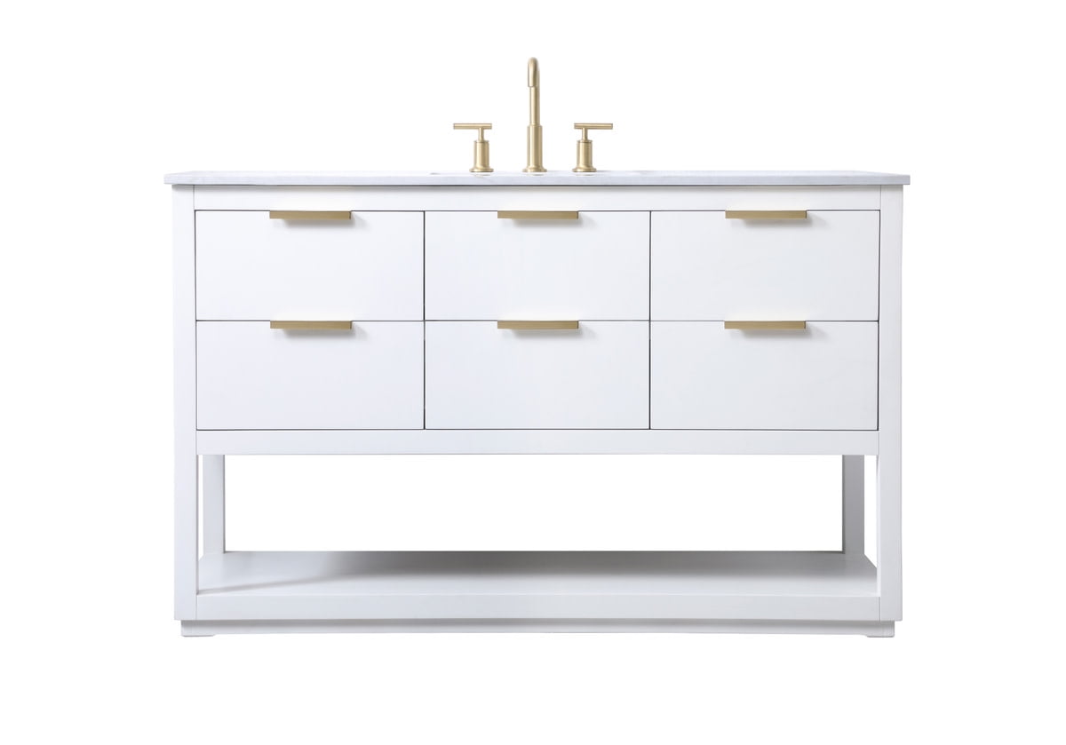 54-Inch White Freestanding Vanity with Gold Hardware and Marble Top