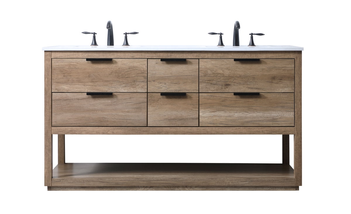 Natural Oak Double Bathroom Vanity with Calacatta White Marble Top