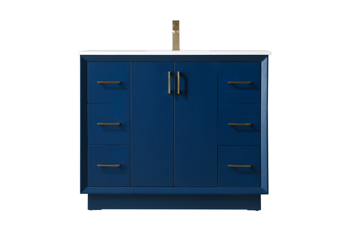 Blue Freestanding Vanity with Gold Hardware and Marble Top