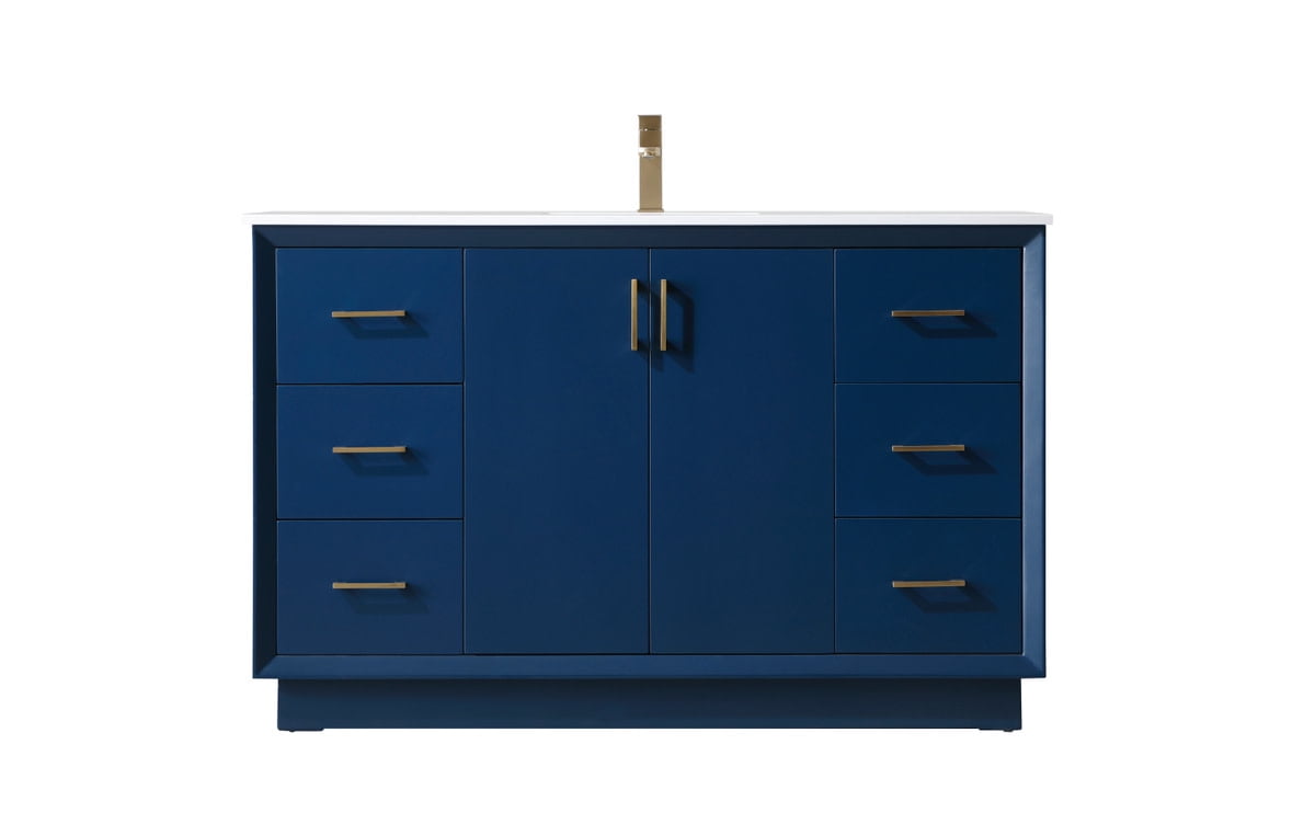 Hayes 54'' Blue Freestanding Bathroom Vanity with Gold Hardware and Marble Top