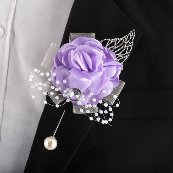 Elegant Lilac Fabric Rose Beaded Wedding Corsage with Silver Leaf Accents for Bride, Groom, and Bridesmaid