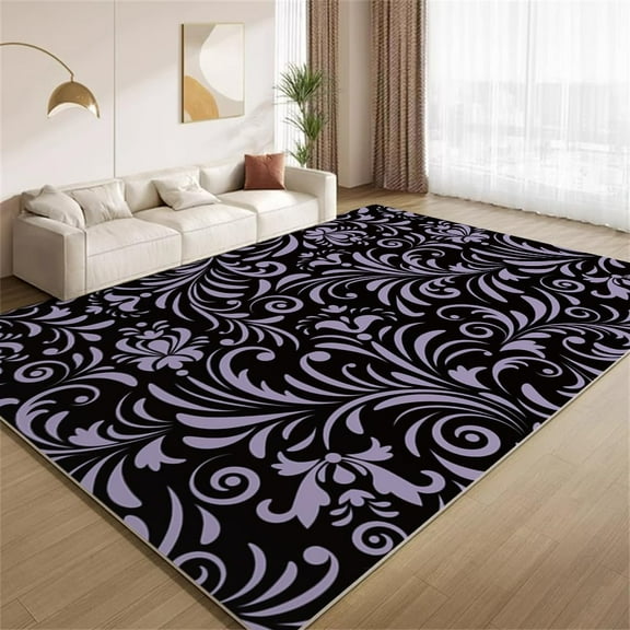 Elegant Lilac Flowers Area Rugs, Purple Black Floral Carpet, Washable Non Slip Low Pile Soft Rug for Living Room Bedroom Office Decor Mat 2x3ft