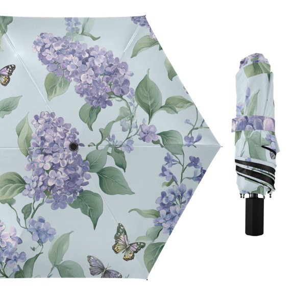 Elegant Lilac Flowers with Butterflies All Weather Umbrella Triple Folding Parasol 6 Ribs UV Protection Portable