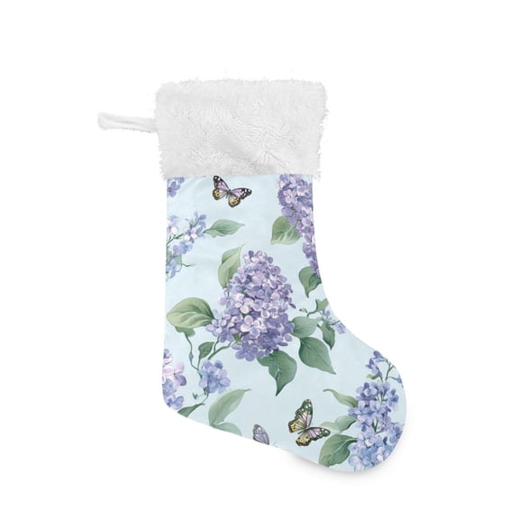 Elegant Lilac Flowers with Butterflies Christmas Stockings Large Capacity 18 inch Gift Bag with Hook Xmas Holiday Decor 1 Pack