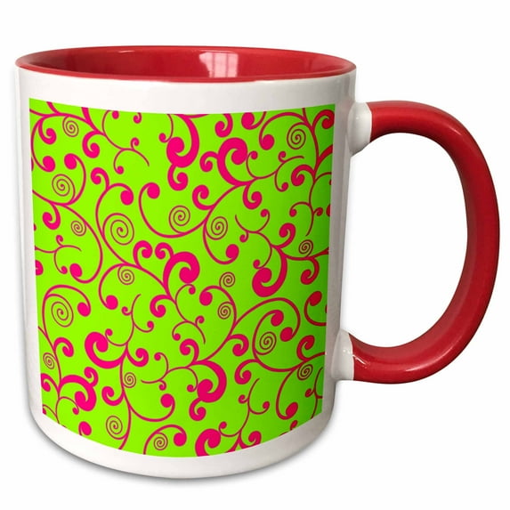 3drose, Elegant Lime Green and Pink Scroll Design, 11oz Two-tone Red Mug