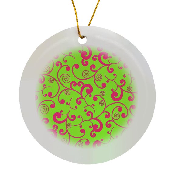 3drose, Elegant Lime Green and Pink Scroll Design, Circle Porcelain Ornament
