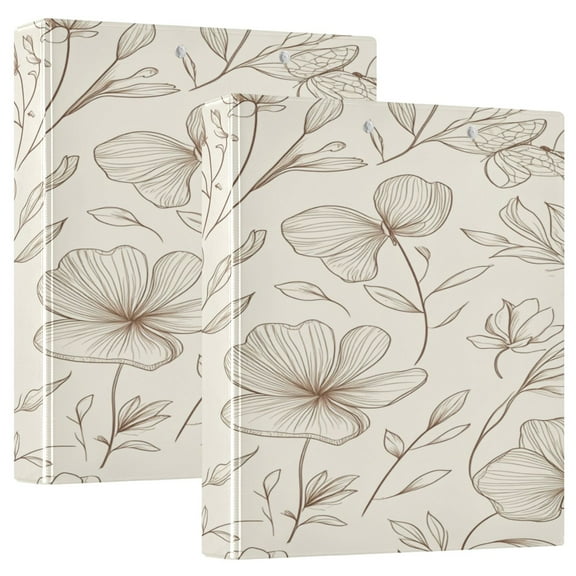Elegant Line Art Floral Pattern 12.4x10.6in PVC Round Ring Binder, D-Ring 3-Hole, Metal Clip, 200 Sheets