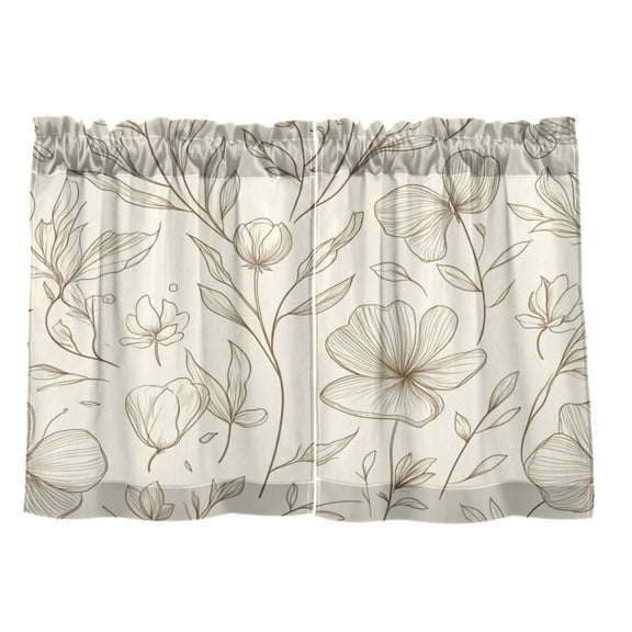 Elegant Line Art Floral Pattern 27"x24" Linen Look Cafe Curtain Set with Privacy and UV Protection