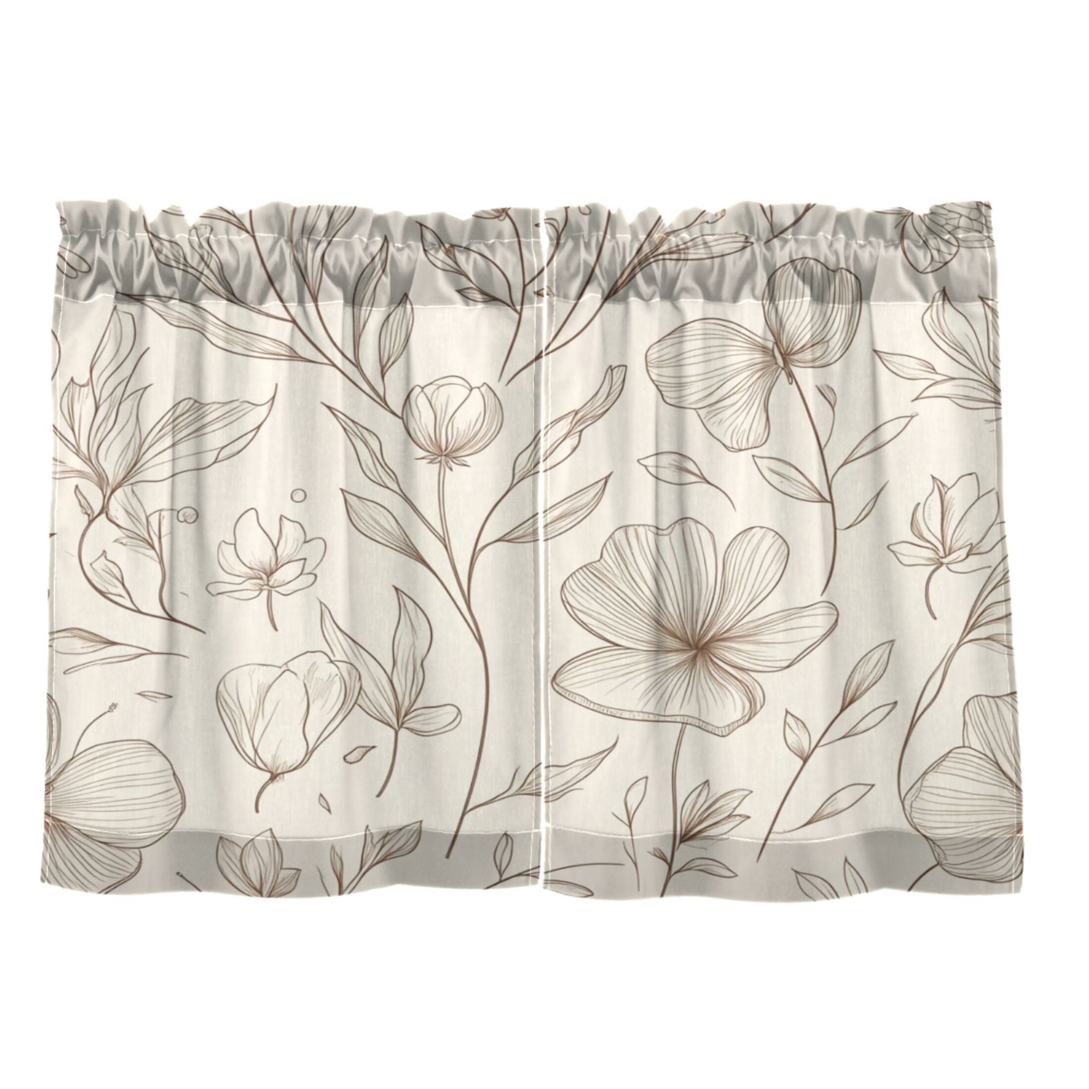 Elegant Line Art Floral Pattern 27"x36" Linen Look Cafe Curtain Set with Privacy and UV Protection