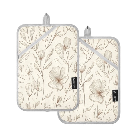 Elegant Line Art Floral Pattern 7x9.8in Pot Holder Set Heat-Resistant Oven Hot Pads Durable with Storage Loop