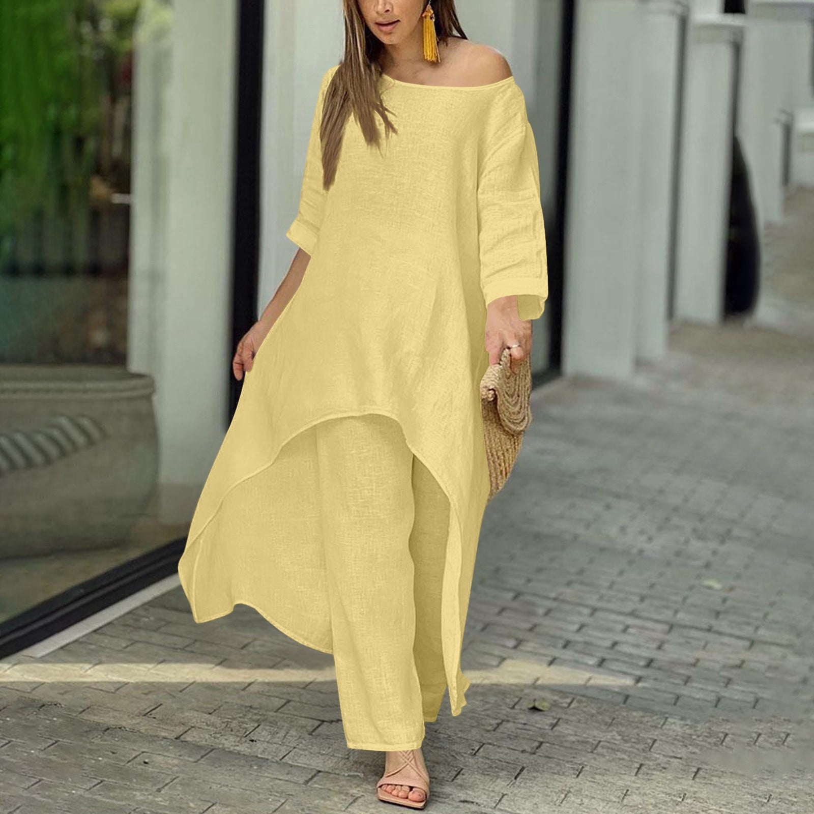 Elegant Linen Blend Irregular Hem Long Sleeve Set & Wide Leg Pants Plus — free download