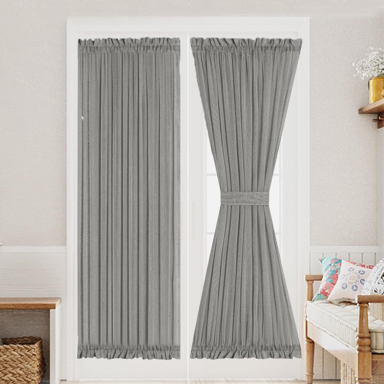 Linen French Door Curtains Set Of 2 - Red Rose Country Style With Tiebacks, 54" W X 72" L