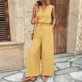 thumbnail image 1 of Elegant Linen Jumpsuit Womens Sleeveless V Neck Wide Leg Drawstring Waist Long Romper Pants with Pockets Yellow S, 1 of 9