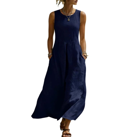 Elegant Linen Maxi Dress for Women Summer Loose Crew Neck Sleeveless Swing Casual Dresses with Pockets