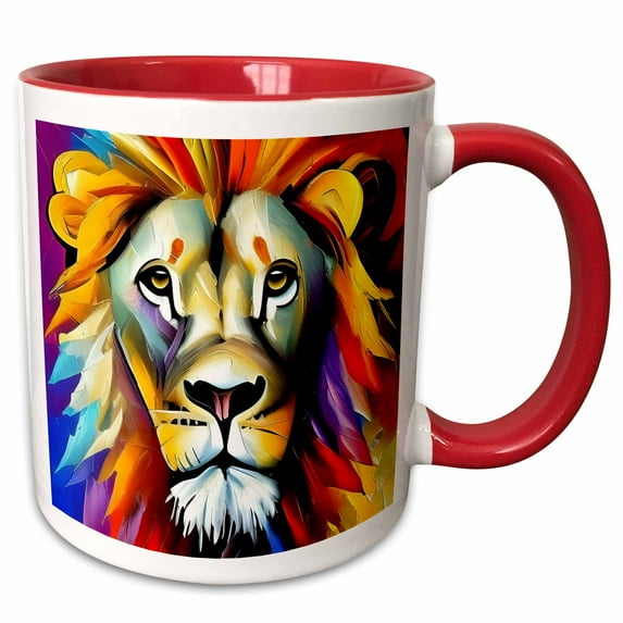 3drose, Elegant Lion Big Cat Animal Portrait. Colorful Digital Painting Gift, 11oz Two-tone Red Mug