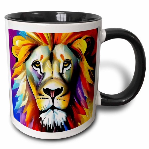 3drose, Elegant Lion Big Cat Animal Portrait. Colorful Digital Painting Gift, 15oz Two-tone Black Mug