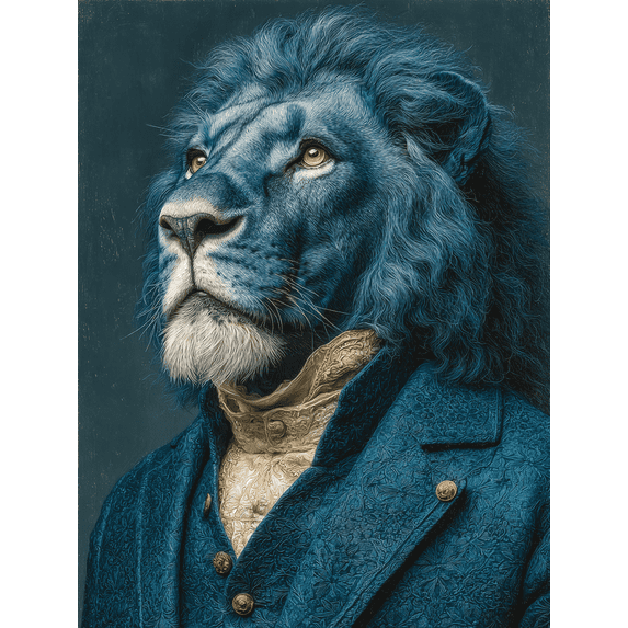 Elegant Lion in Blue Suit Canvas Painting, Quirky Sophisticated Animal Art, Modern Home Decor