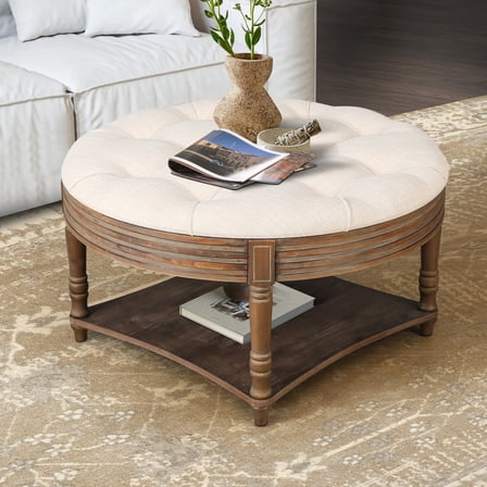 Elegant Living Room - Beige White Linen With Wooden Legs And Storage Round Coffee Table In