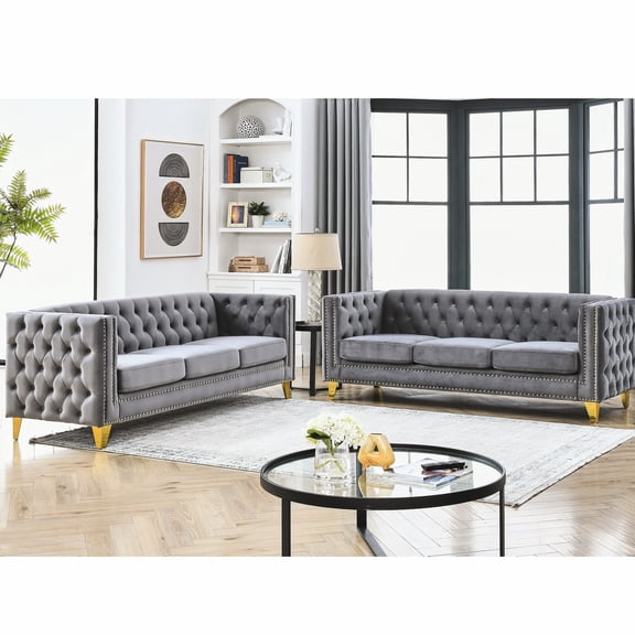 Elegant Living Room : Velvet, Button , Square Armrest, Metal Legs Chic Velvet Couch: Buttons, Arm, Frame