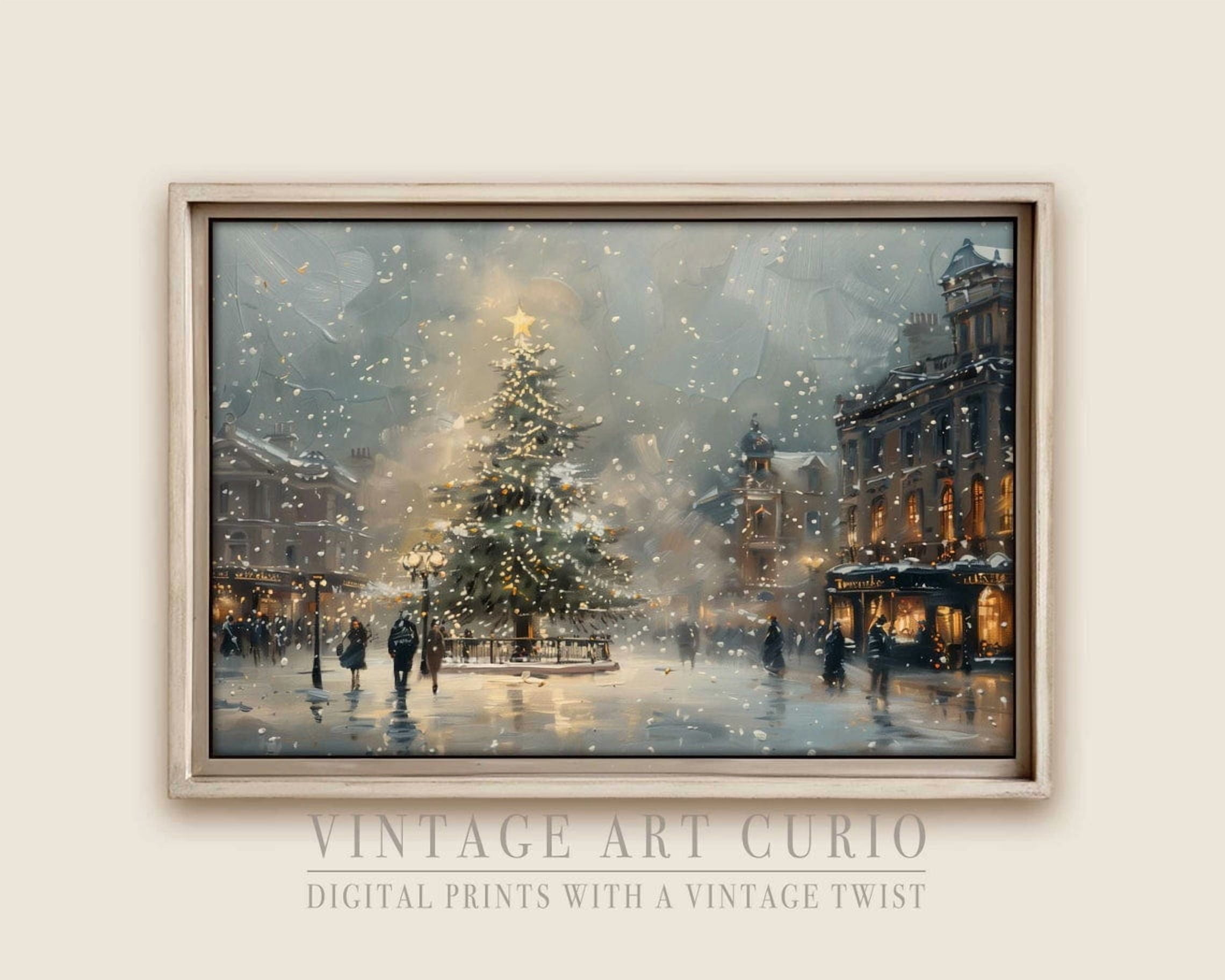 Elegant London Town Square Christmas Tree Scene Vintage Art Print ...