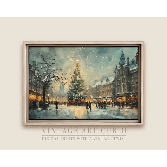 Tree Deocrations Elegant London Town Square Christmas Tree Scene Vintage Wall Poster ...
