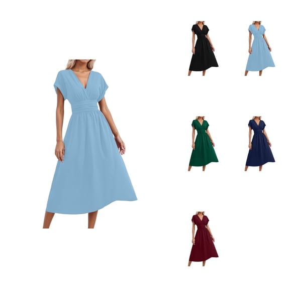Elegant Long Casual Dress with Overlap Neckline, Batwing Sleeves, and Waist Pleats – Women’s Satin A-Line Maxi Dress with V-Neck and Ruched Fit for Summer Evening Wear