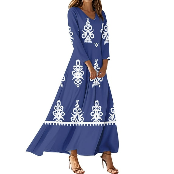 Casual Women's 3/4 Sleeve V Neck Floral A Line Maxi Dress Breathable Beach Dress for Daily Wear Summer Parties and Getaways, Size S-2XL
