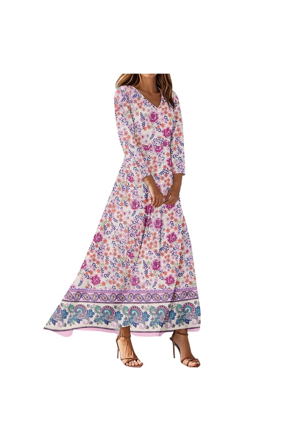 Elegant Long Dresses For Women 2025 Long Sleeve V Neck Vintage Tunic WaistedMaxi Dress Floral Printed Beach Clothes Trendy Boho Dresses