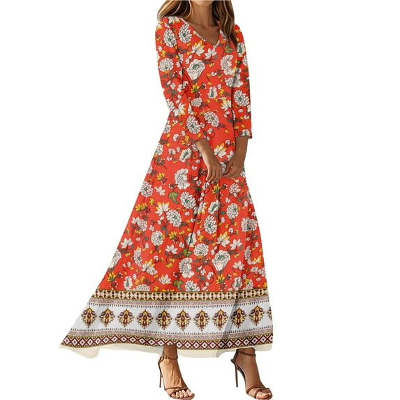 Elegant Long Dresses For Women 2025 Long Sleeve V Neck Vintage Tunic WaistedMaxi Dress Floral Printed Beach Clothes Trendy Boho Dresses