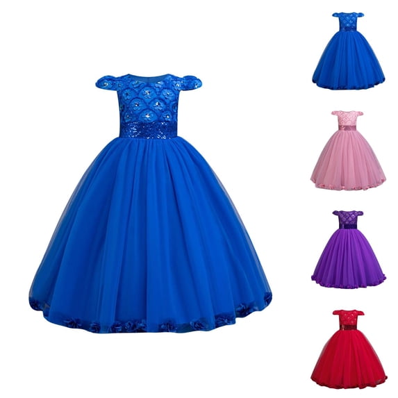 Elegant Long Girls Party Gown with Lace Trim, Tulle Ball Gown, Embroidered Sequin Formal Dress for Pageants, Weddings, Christmas, Halloween & Princess Events