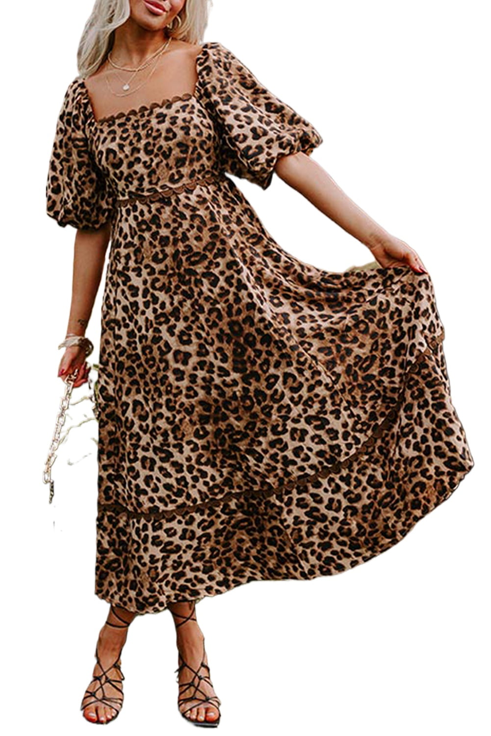 COLOR BLOCK LEOPARD LONG DRESS WITH POCKET main image 0