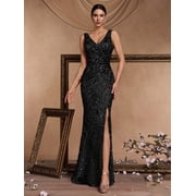 Elegant Long Sequin Formal Dress V-Neck Slit Design, Stretchy Fitted Glamorous