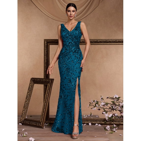 Elegant Long Sequin Formal Dress V-Neck Slit Design, Stretchy Fitted Glamorous