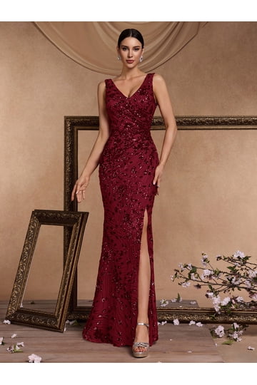 formal fitted dresses Burgundy Fitted Sweetheart Maxi Beaded Formal Evening Dress 42