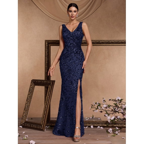 Elegant Long Sequin Formal Dress V-Neck Slit Design, Stretchy Fitted Glamorous