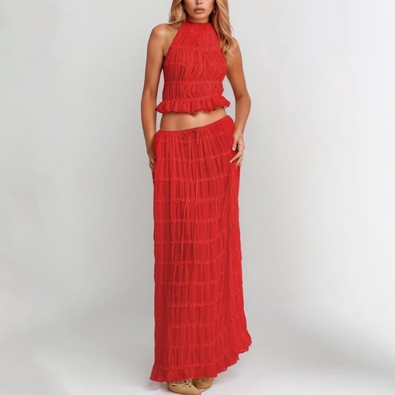 Elegant Long Skirt Suit For Beach Parties Neck Backless Design With Ruffle Trim For All Seasons And Easy To Care Dresses with High Neckline Women's Long Dresses for Summer Formal Gowns Evening Dresses