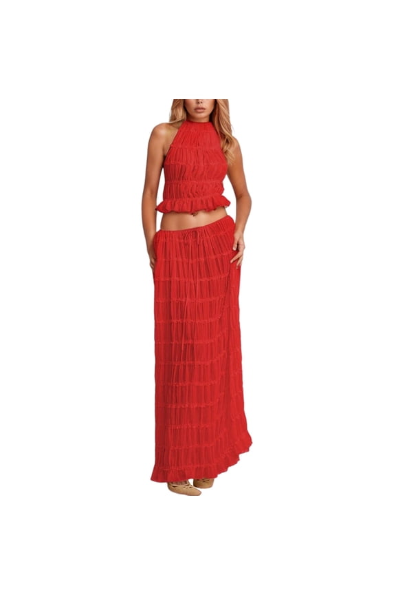 Elegant Long Skirt Suit For Beach Parties Neck Backless Design With Ruffle Trim For All Seasons And Easy To Care