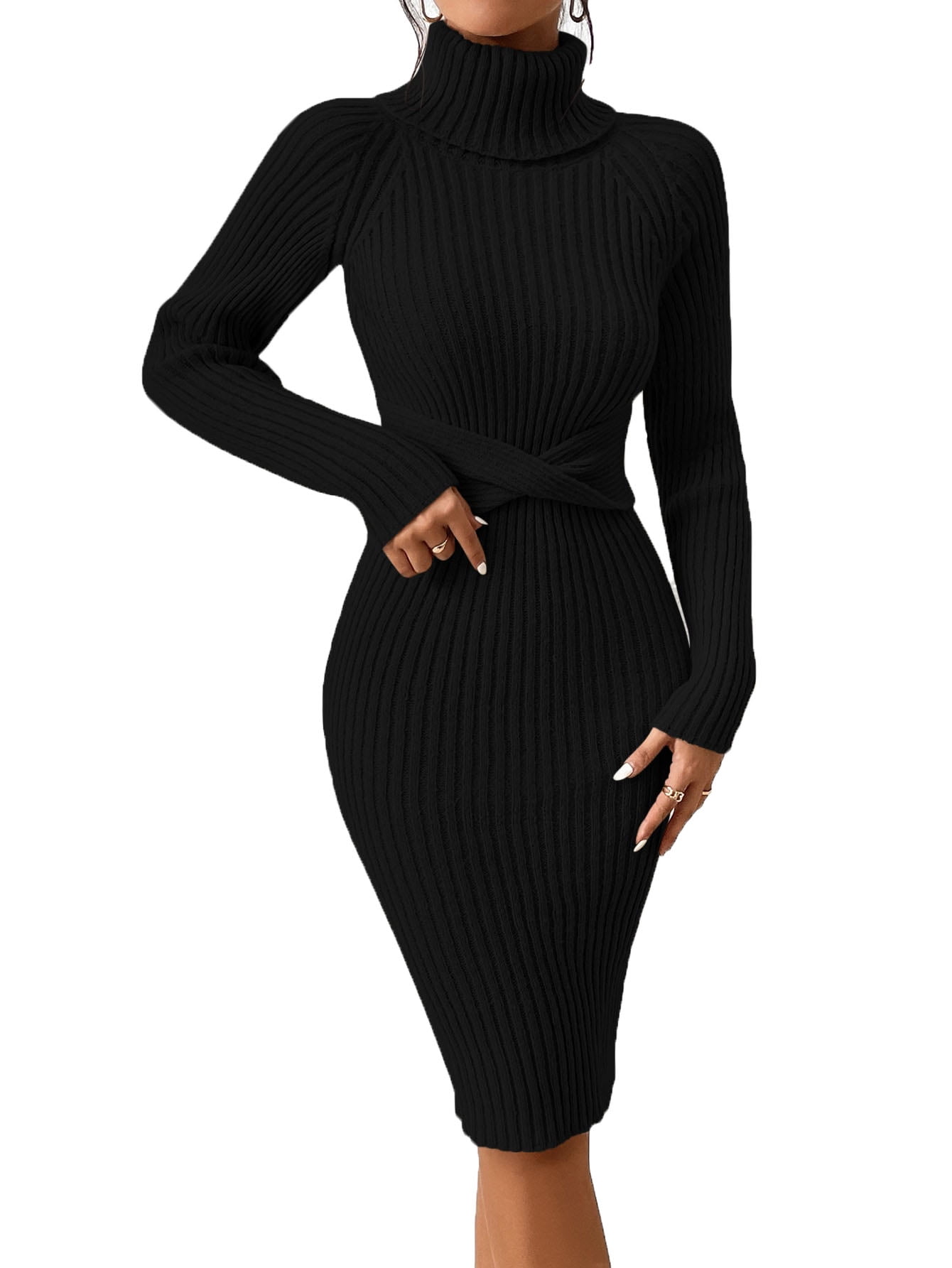 Elegant Long Sleeve High Neck Women Sweater Dresses Black XS (2)