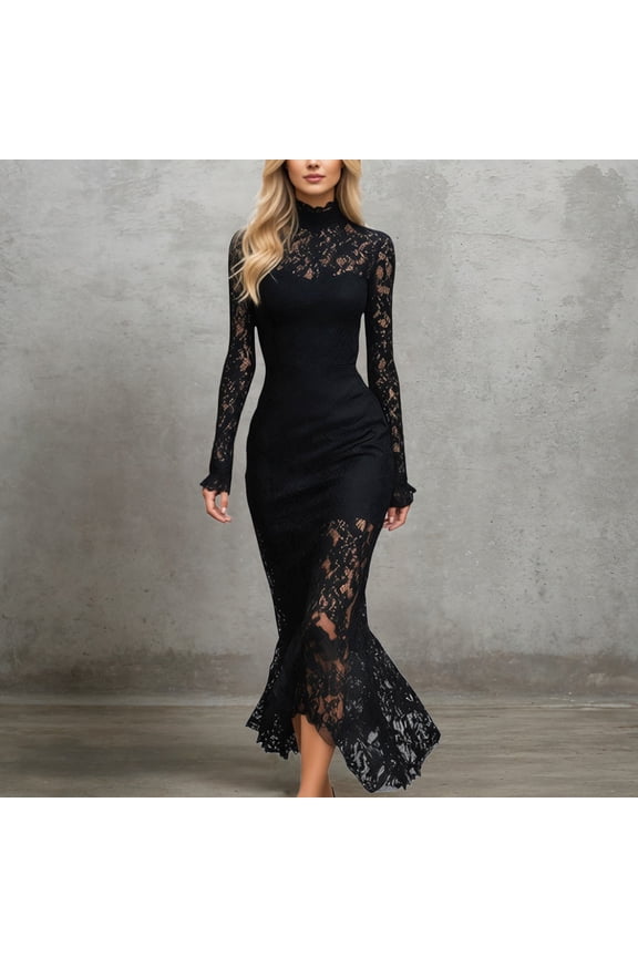 Elegant Long Sleeve Lace Bodycon Dress, High Waist Slim Fit Midi Dress for Women, Fall Winter Party & Formal Occasions, Flattering Curve-Hugging Dress(Black,S)