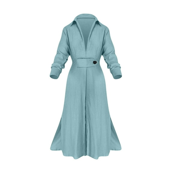 Elegant Long Sleeve Lapel V Neck Dress for Women Casual Solid Button Down Waisted Formal Maxi Shirt Dress