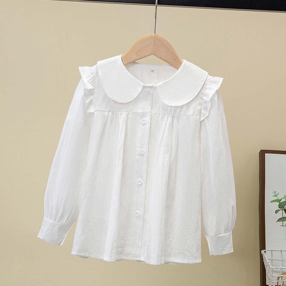 Elegant Long Sleeve Party Blouse for Girls Ruffled Button Down Shirt School Top Children's Formal Wear T-Shirts Kids Short Sleeve Crewneck Solid Basic Tees Casual Tops