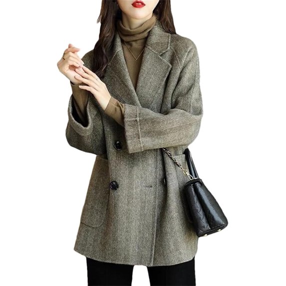 Elegant Long Sleeve Pea Coat With Pockets Loose Women Woolen Coat Jacket Winter Thick Lapel Mid-Long Overcoat