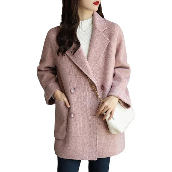 Elegant Long Sleeve Pea Coat With Pockets Loose Women Woolen Coat Jacket Winter Thick Lapel Mid-Long Overcoat