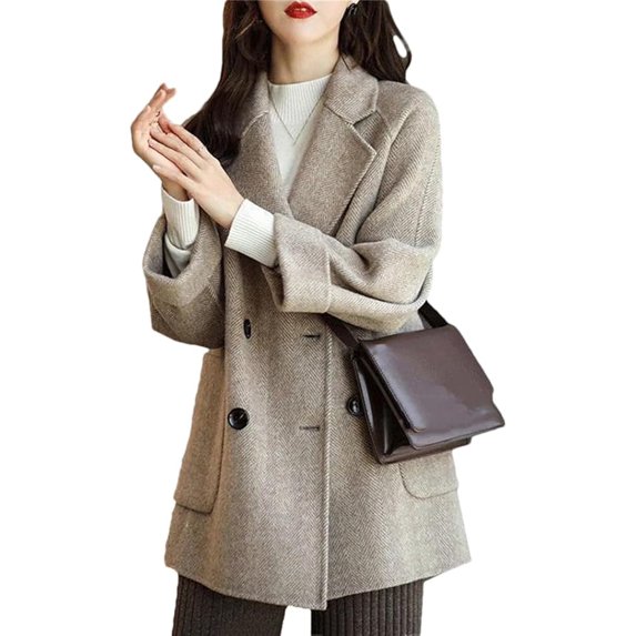 Elegant Long Sleeve Pea Coat With Pockets Loose Women Woolen Coat Jacket Winter Thick Lapel Mid-Long Overcoat