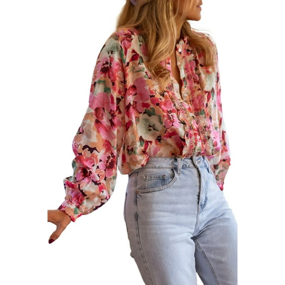 Elegant Long Sleeve Shirt: Red Floral Print with Charming Ruffled Accents - [ZhiHiMeRi] | (US 8-10)M