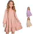 thumbnail image 1 of Elegant Long Sleeve Square Neck Ruffle Detail Smocked Waist Casual Party Dress for Girls Comfortable Everyday Wear Kids Cat Dress 11-12 Years, 1 of 5